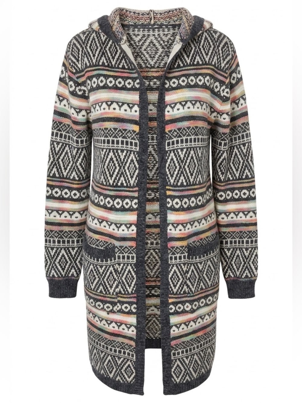 MONTEAU LOS ANGELES Aztec Long Hooded Cardigan Open Front Multicolour Sz Small